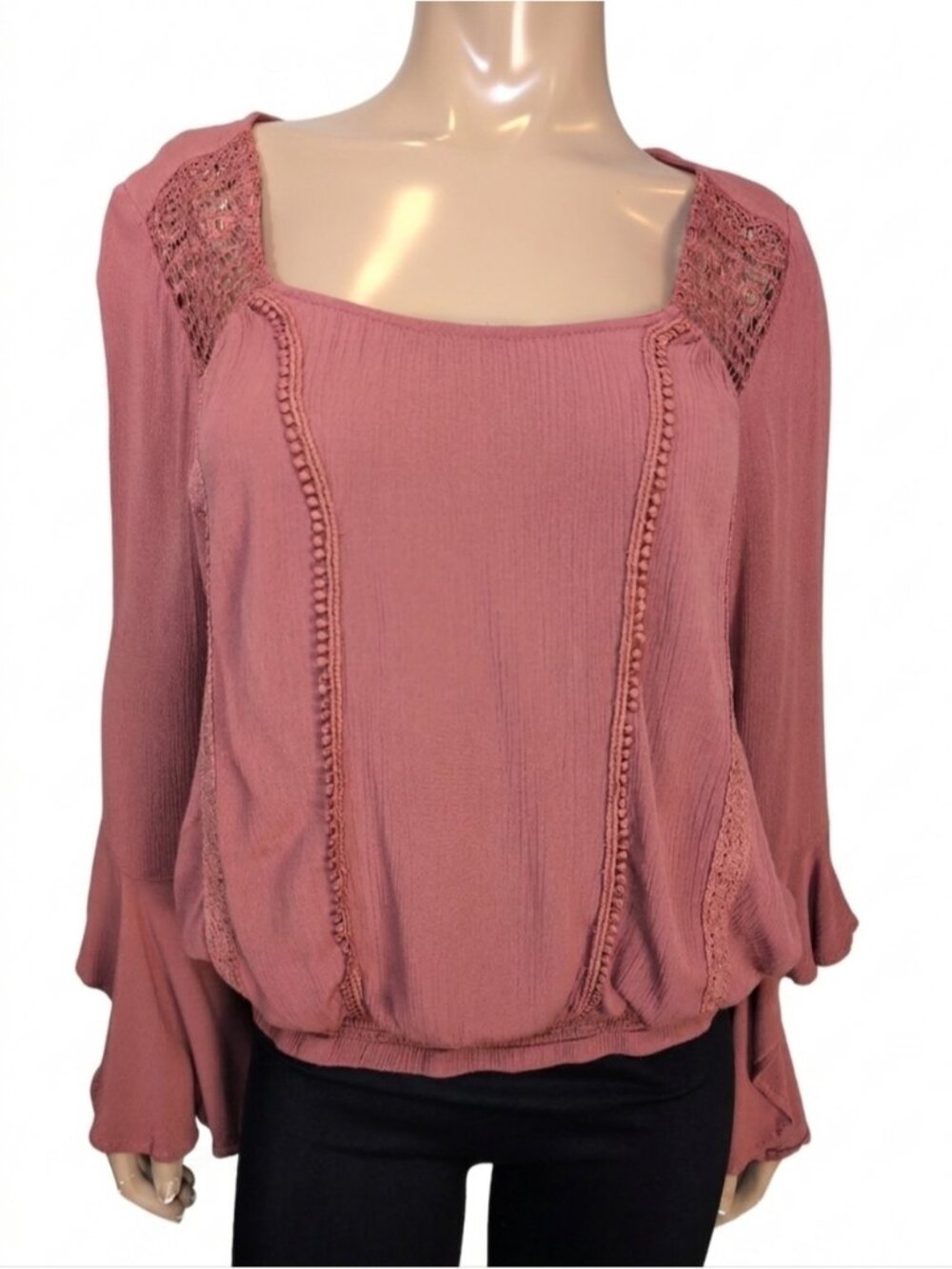 George Mauve Crochet Lace Bell Sleeve Smocked Boho Peasant Top Size Medium